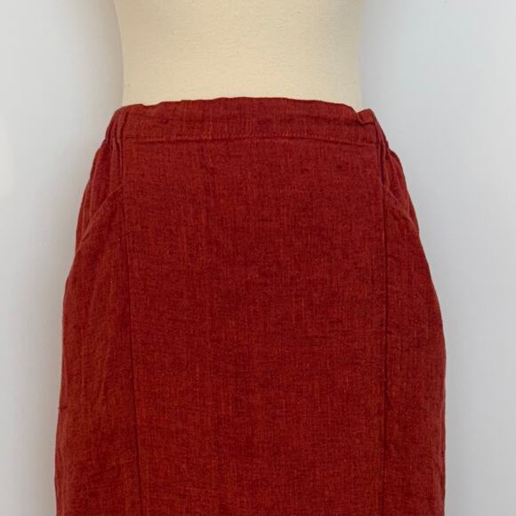 FLAX Linen Midi Skirt Patch Pockets with Back Slit Brick Red L - Picture 2 of 10